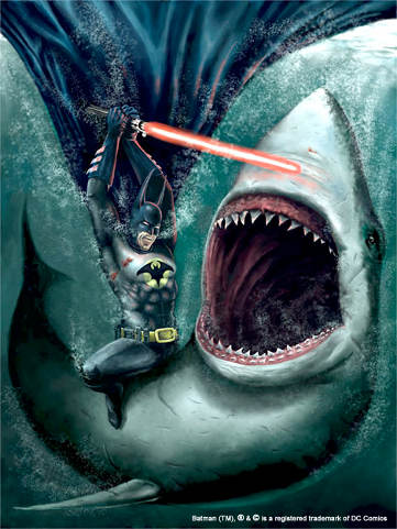 Batman and a shark, original drawing by Andrew Zubko