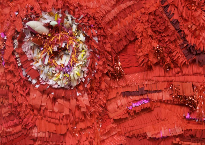 All Idols Fall, 2011, Cut fabric and paper, yarn, found objects, thread, glue on stretched felt, 43” x 60” x 4”