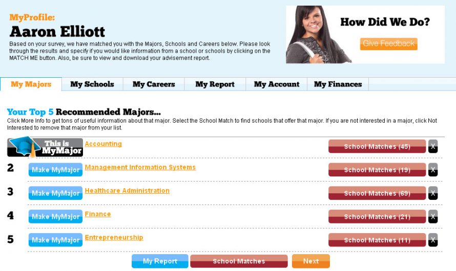 MyMajors Student Profile Pages